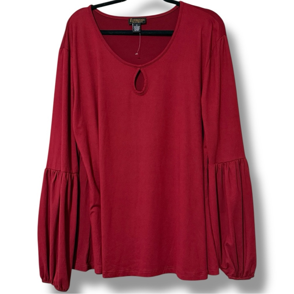 FORBIDDEN SOCIETY women’s plus size 2X keyhole neck burgundy blouse long sleeve